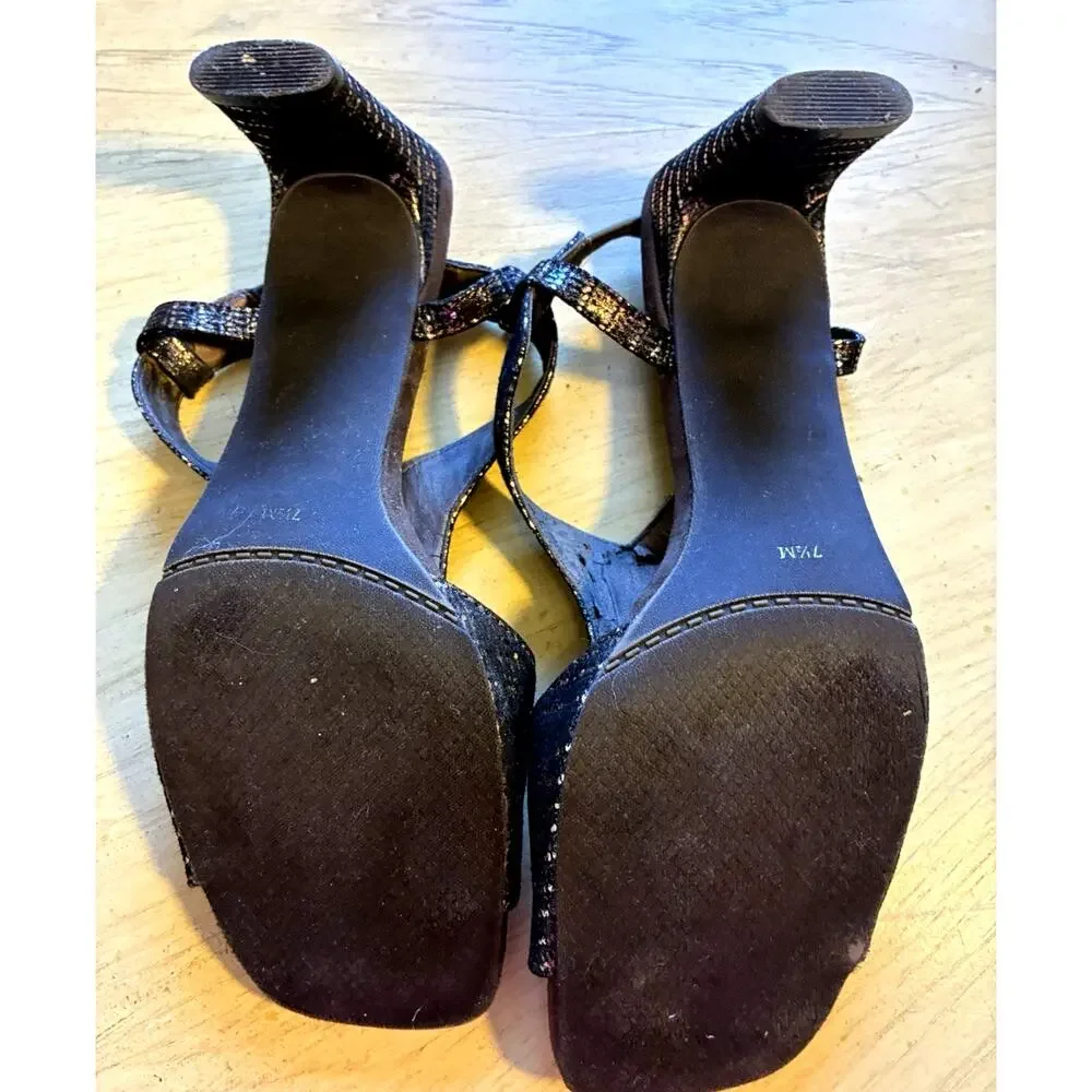 Bronze Snakeskin Block Heels Gems Jeweled Dress Sandals Slingback Suede 7 1/2